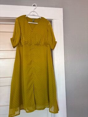 Janasya Mustard Yellow Button-Front V-Neck Midi Dress